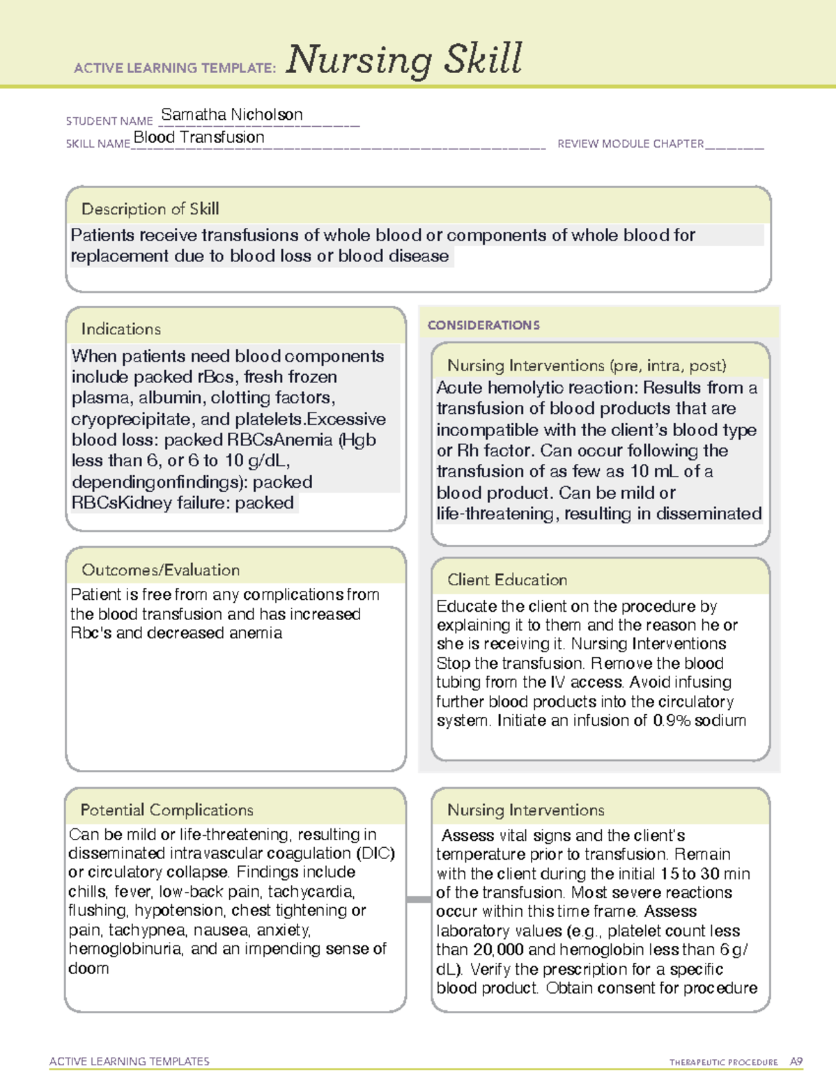 Blood Transfusion Nursing Skill ACTIVE LEARNING TEMPLATES THERAPEUTIC