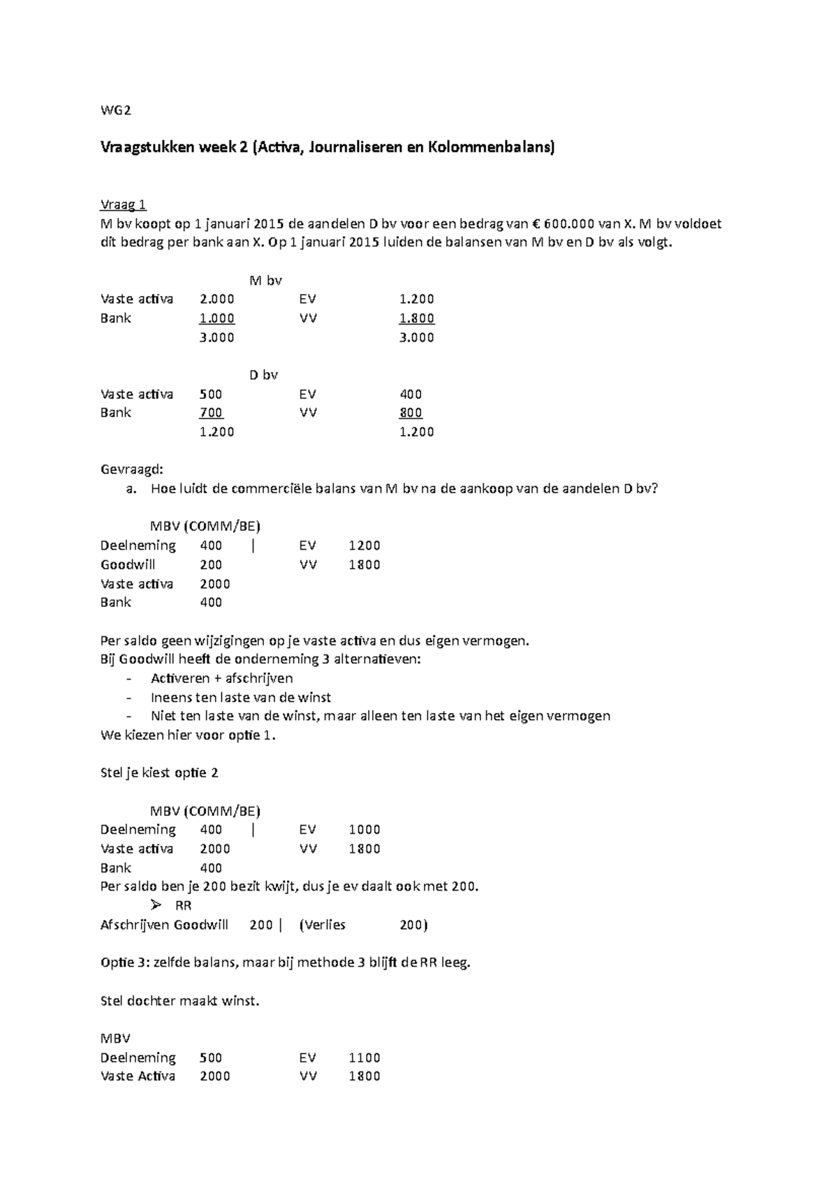 Bedrijfseconomie Voor Fiscalisten - Werkgroep Uitwerkingen - WG 2 - WG2 ...