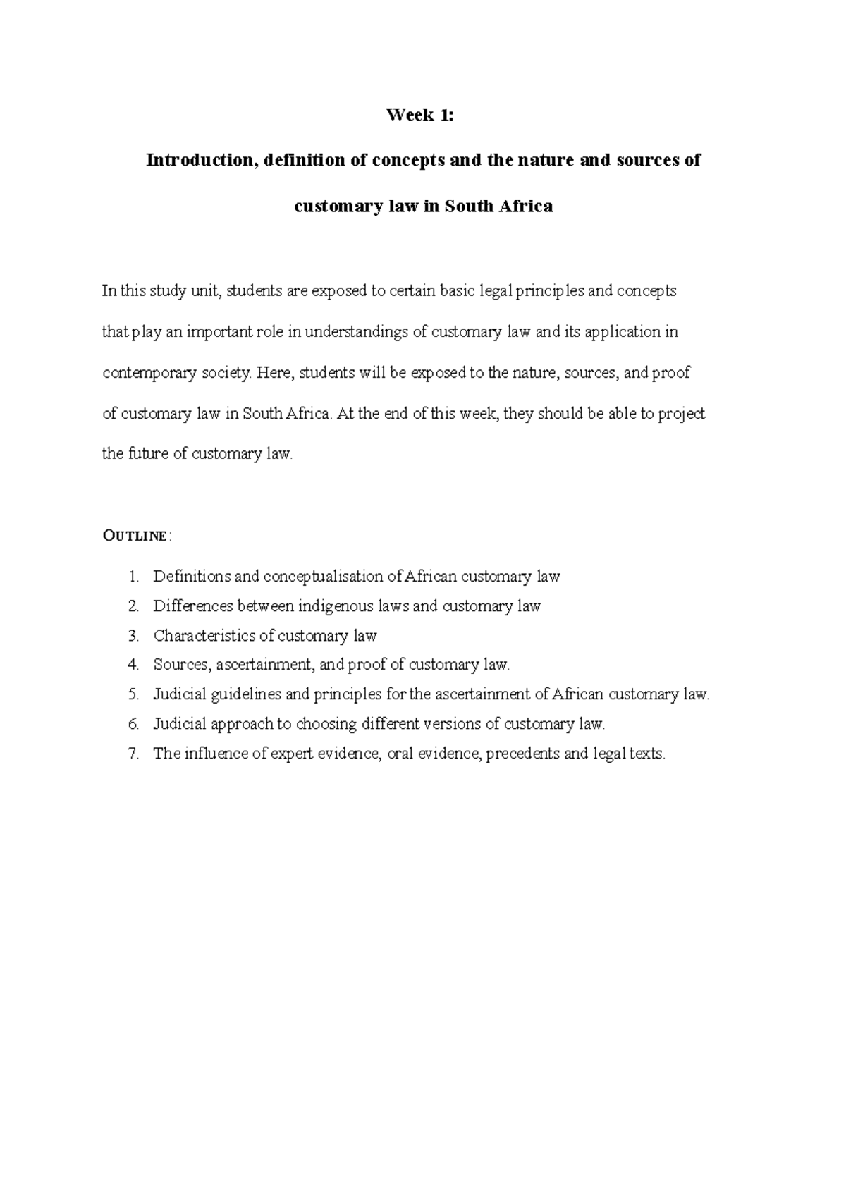Customary Law Week 1 Work Week 1 Introduction Definition Of Concepts And The Nature And Customary Law Week 1 Work Week 1 Introduction Definition Of Concepts And The Nature And