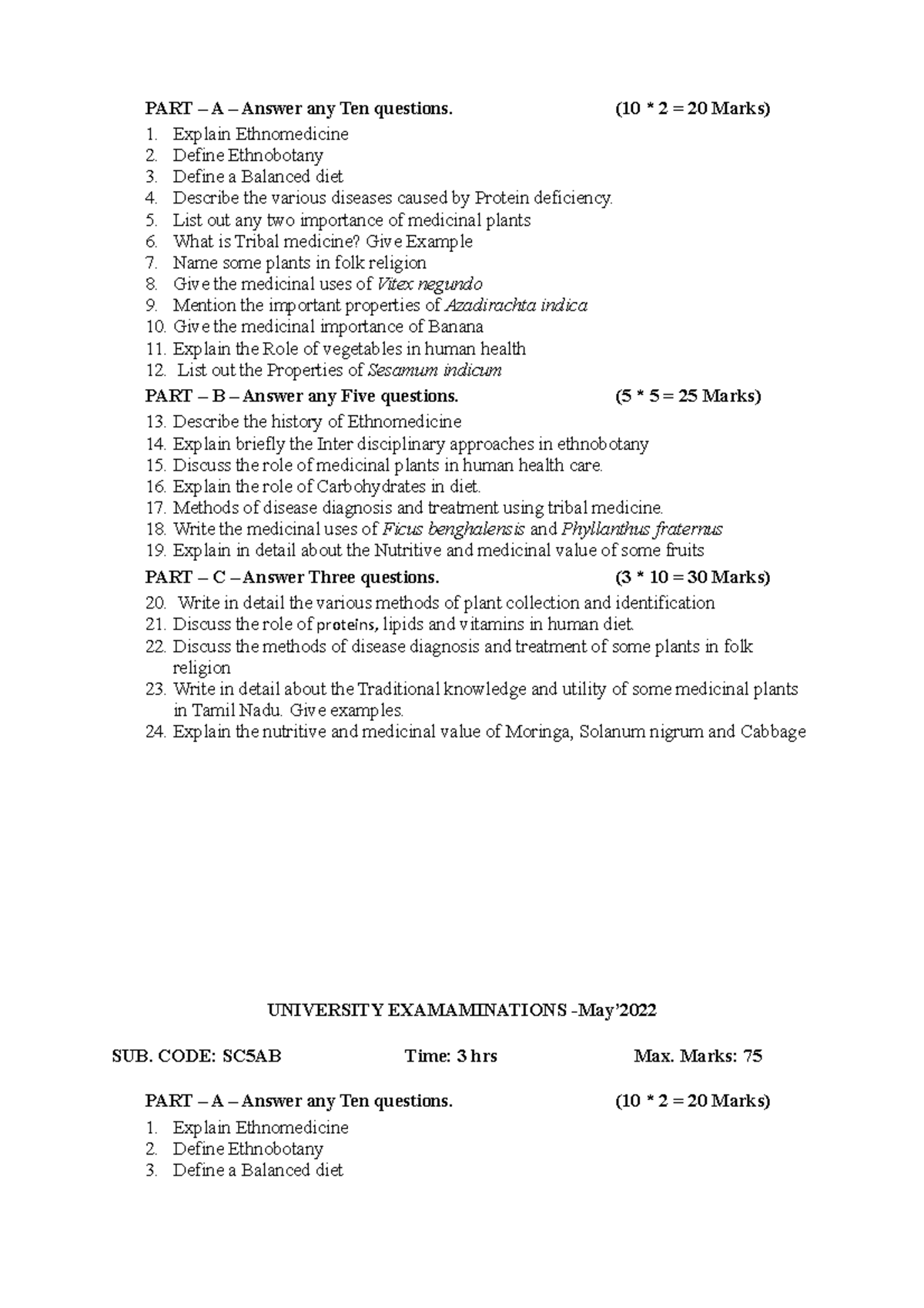 Herbal PART A Answer any Ten questions. (10 * 2 = 20 Marks