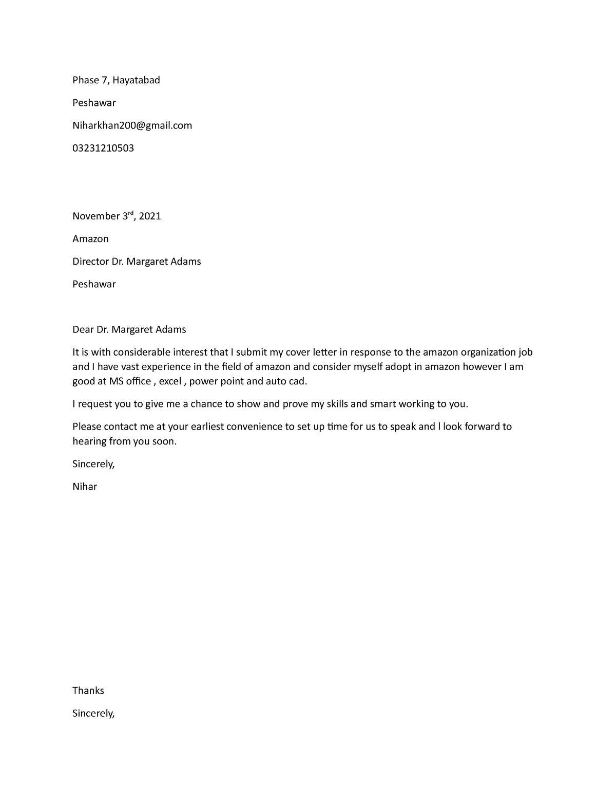 Nihar cover letter - don't have any information - Phase 7, Hayatabad ...