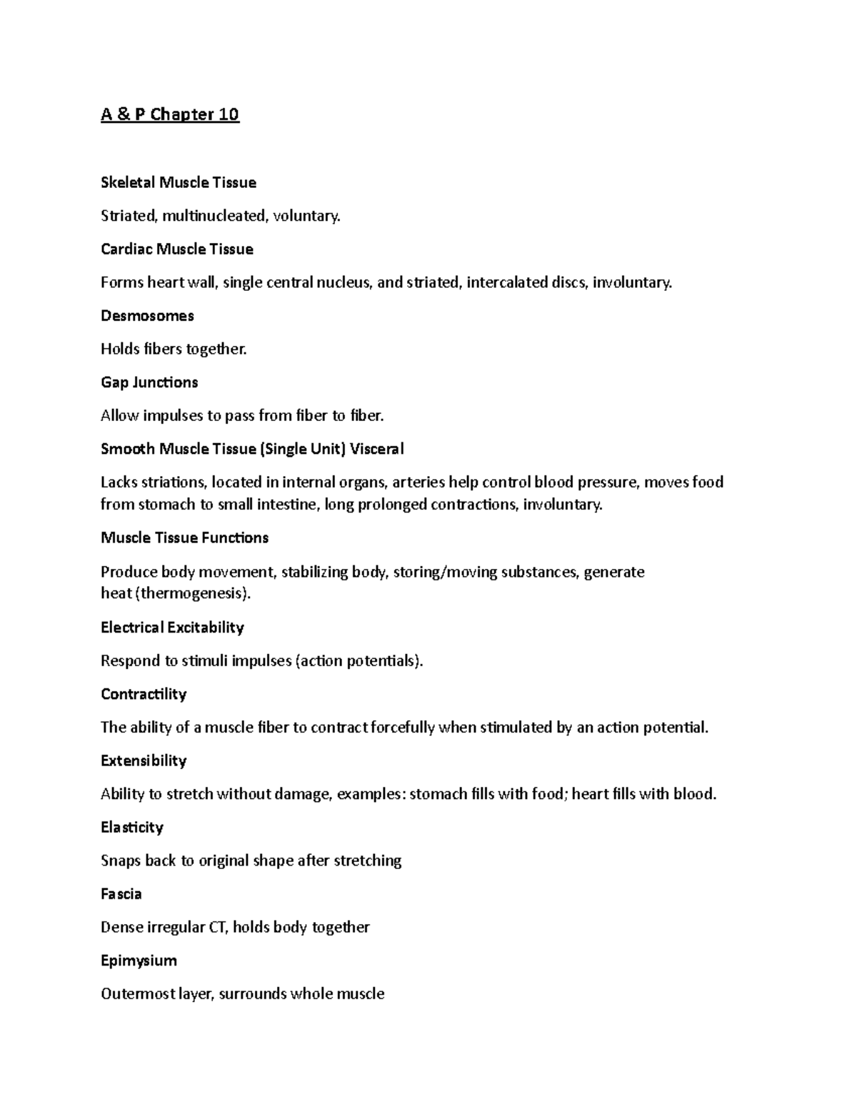A and P chapter 10 - notes and review - A & P Chapter 10 Skeletal ...