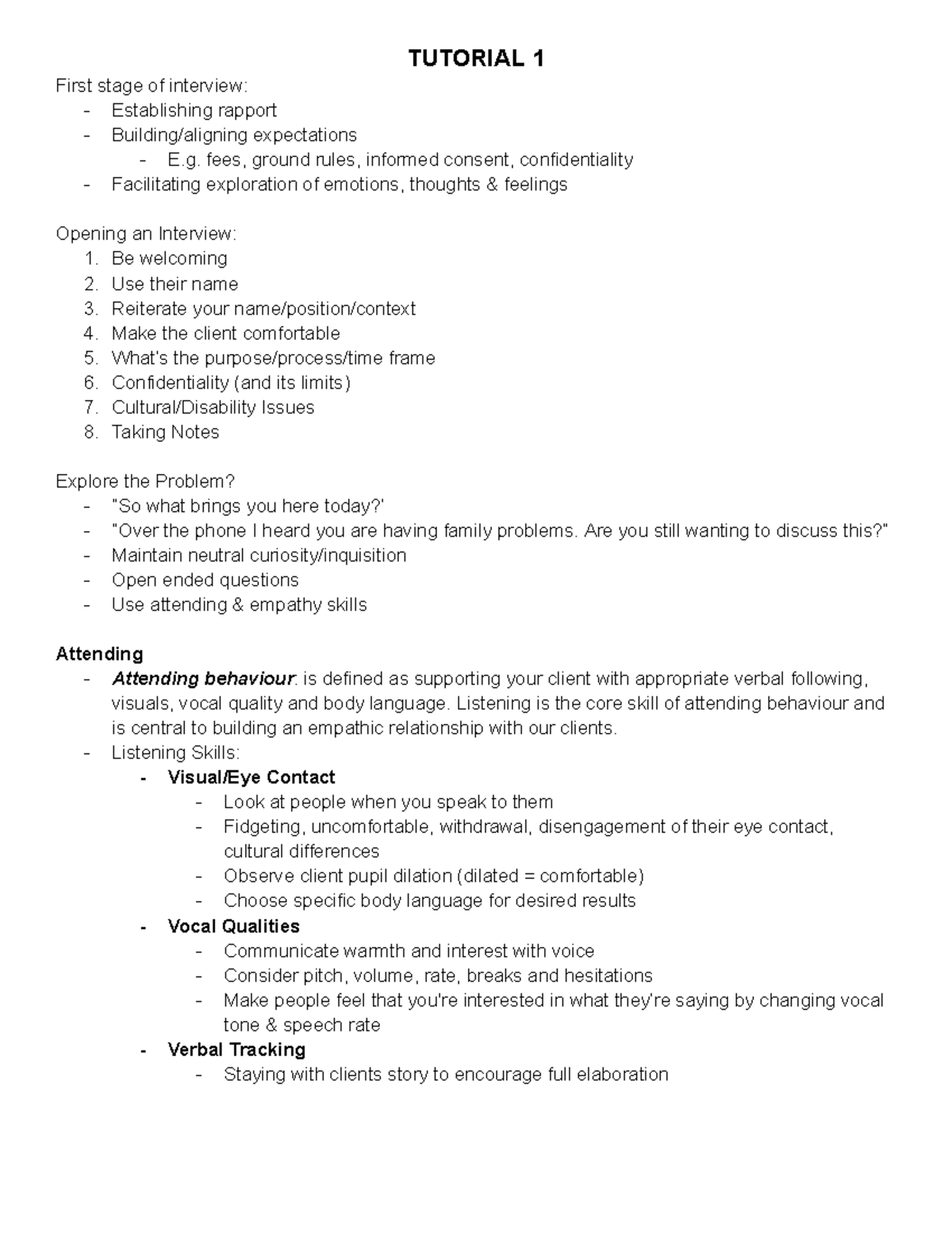 PSYU2201 Tutorial 1 Notes - TUTORIAL 1 First stage of interview ...