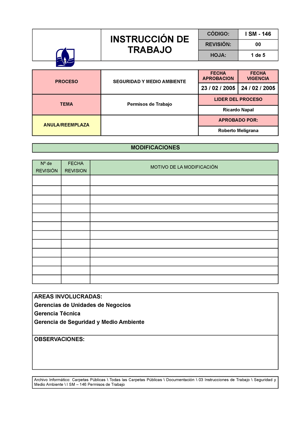 I Sm Permisos De Trabajo Instrucci N De Trabajo C Digo I Sm