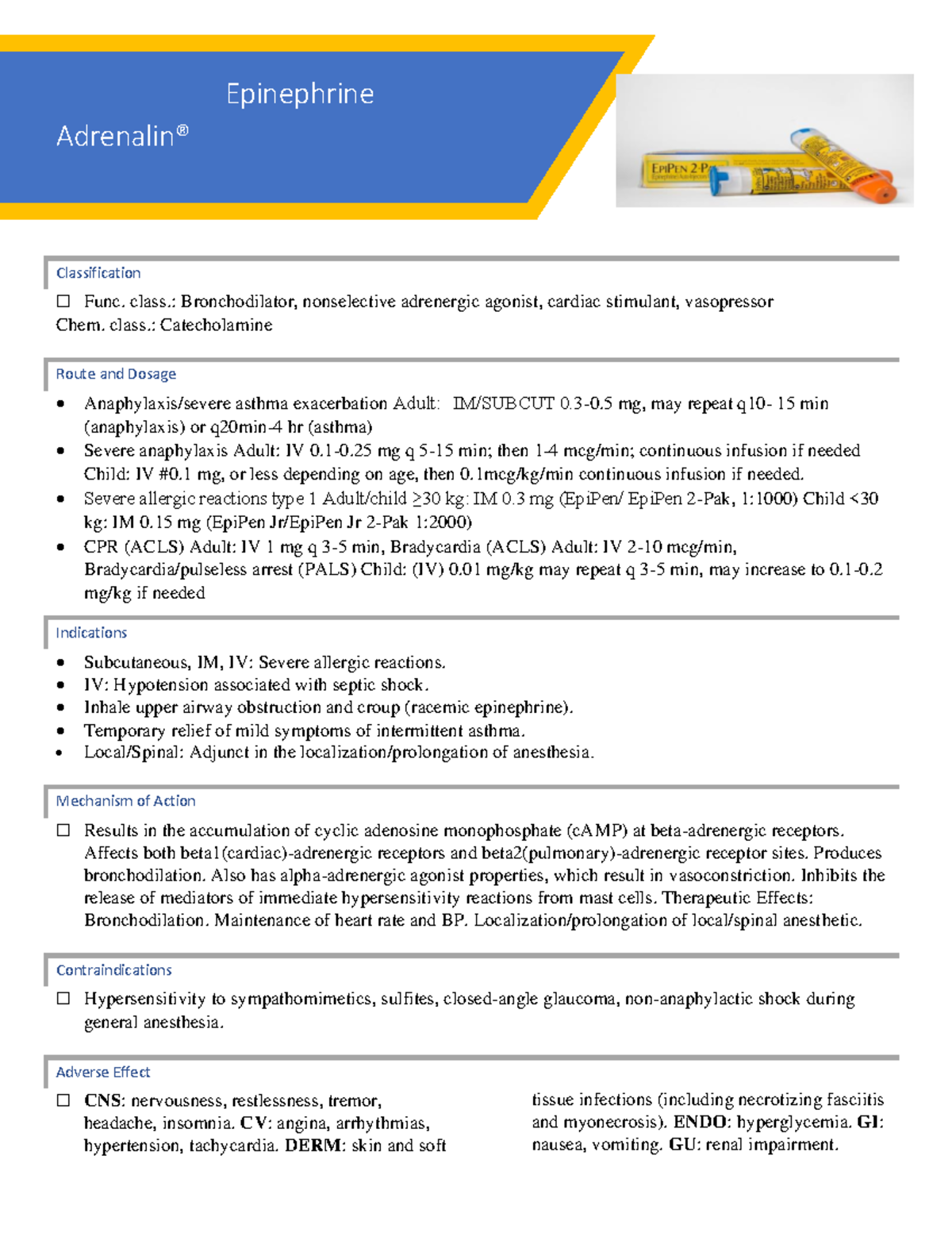 Epinephrine PDF study Epinephrine Adrenalin® Classification ☐ Func