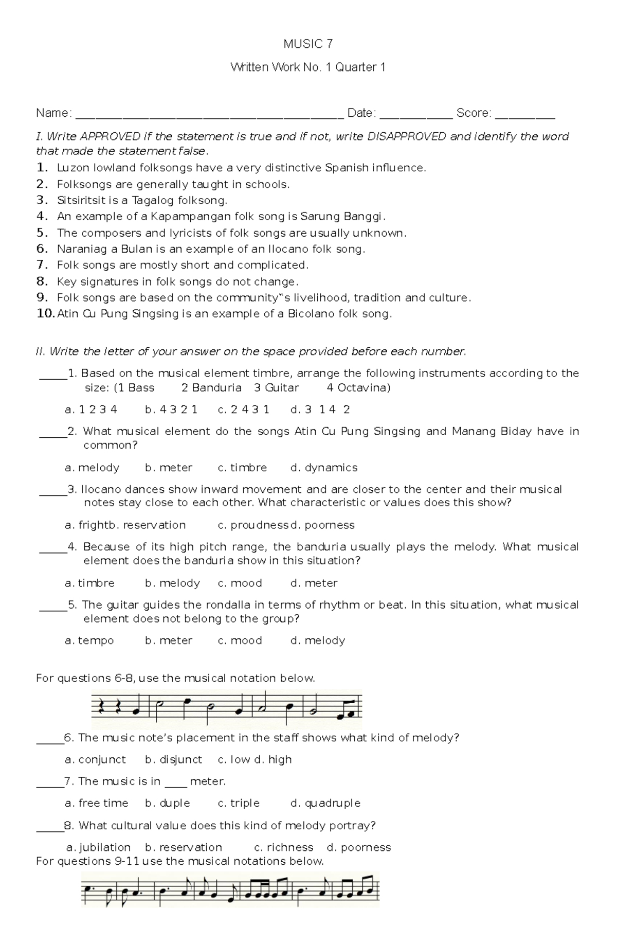 Summative assessment in Music - MUSIC 7 Written Work No. 1 Quarter 1 ...