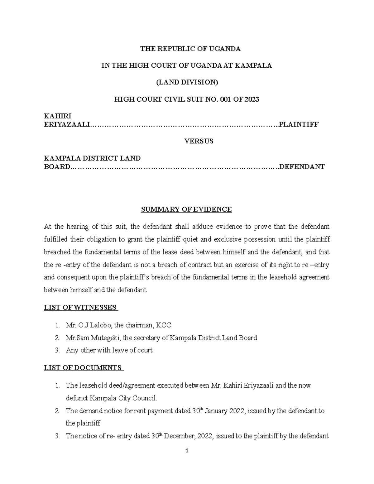 Defendants Summary OF Evidence Final - THE REPUBLIC OF UGANDA IN THE ...