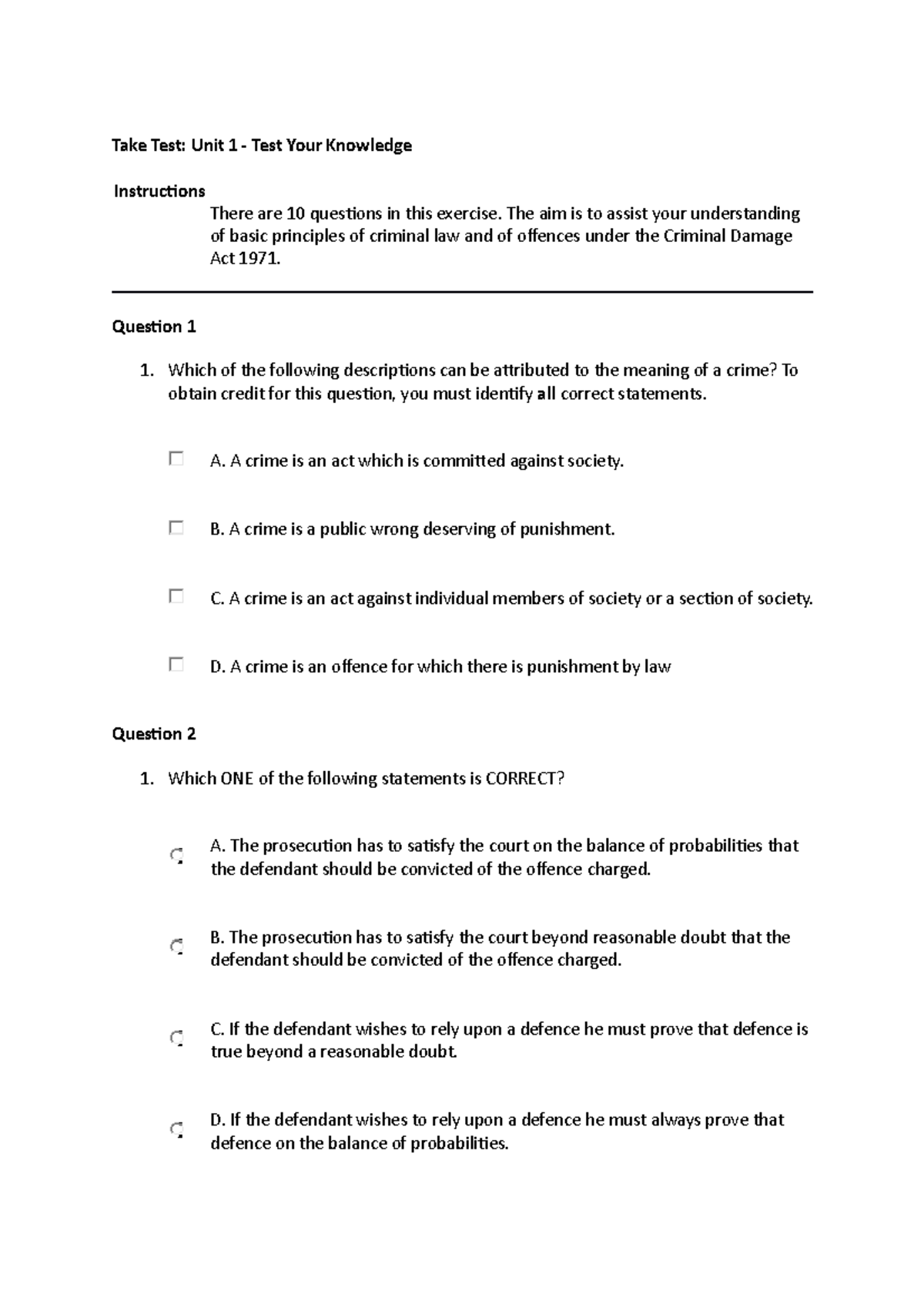 Criminal LAW UNIT 1 MCQS - Take Test: Unit 1 - Test Your Knowledge ...