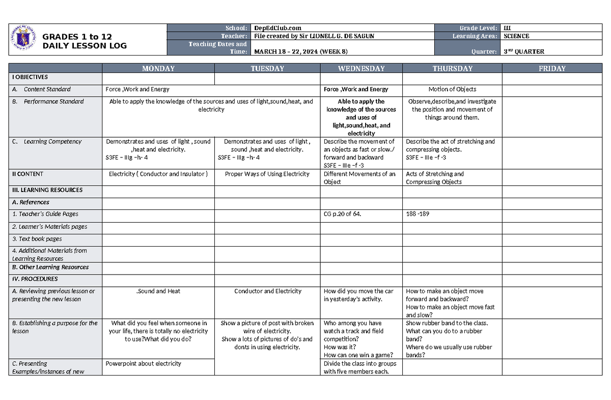 DLL Science 3 Q3 W8 - GRADES 1 to 12 DAILY LESSON LOG School: DepEdClub ...