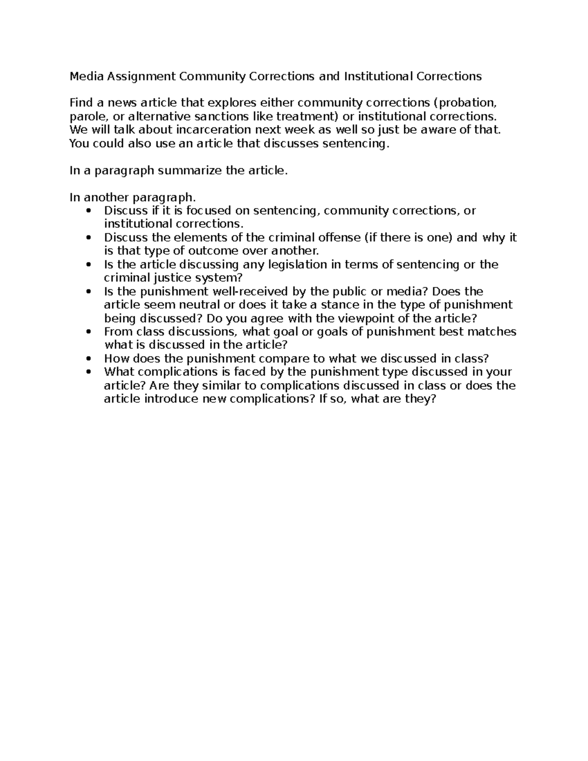 Media Assignment Sentencing, Community Corrections and Institutional ...