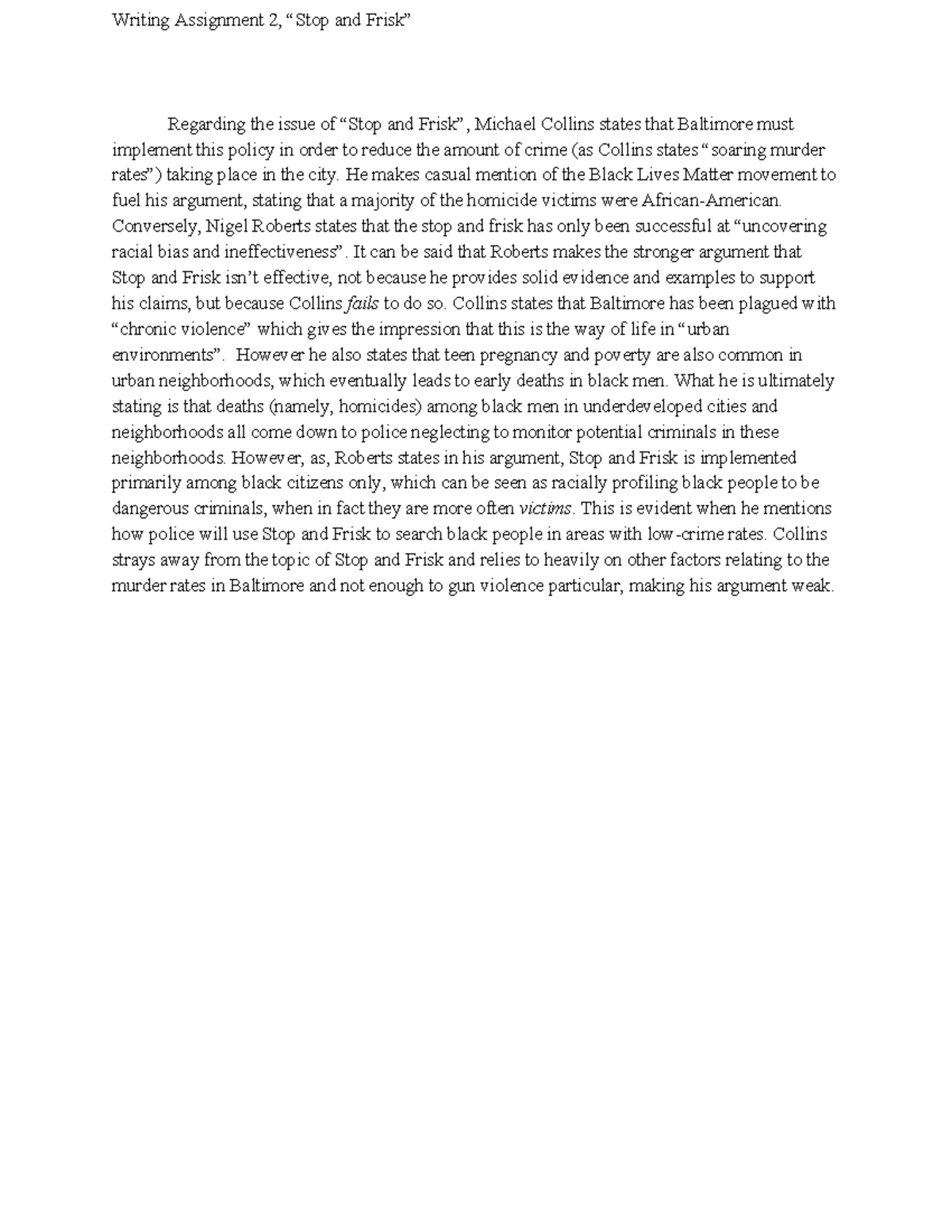 Writing Assignment 2 Stop and Frisk Writing Assignment 2, “Stop and