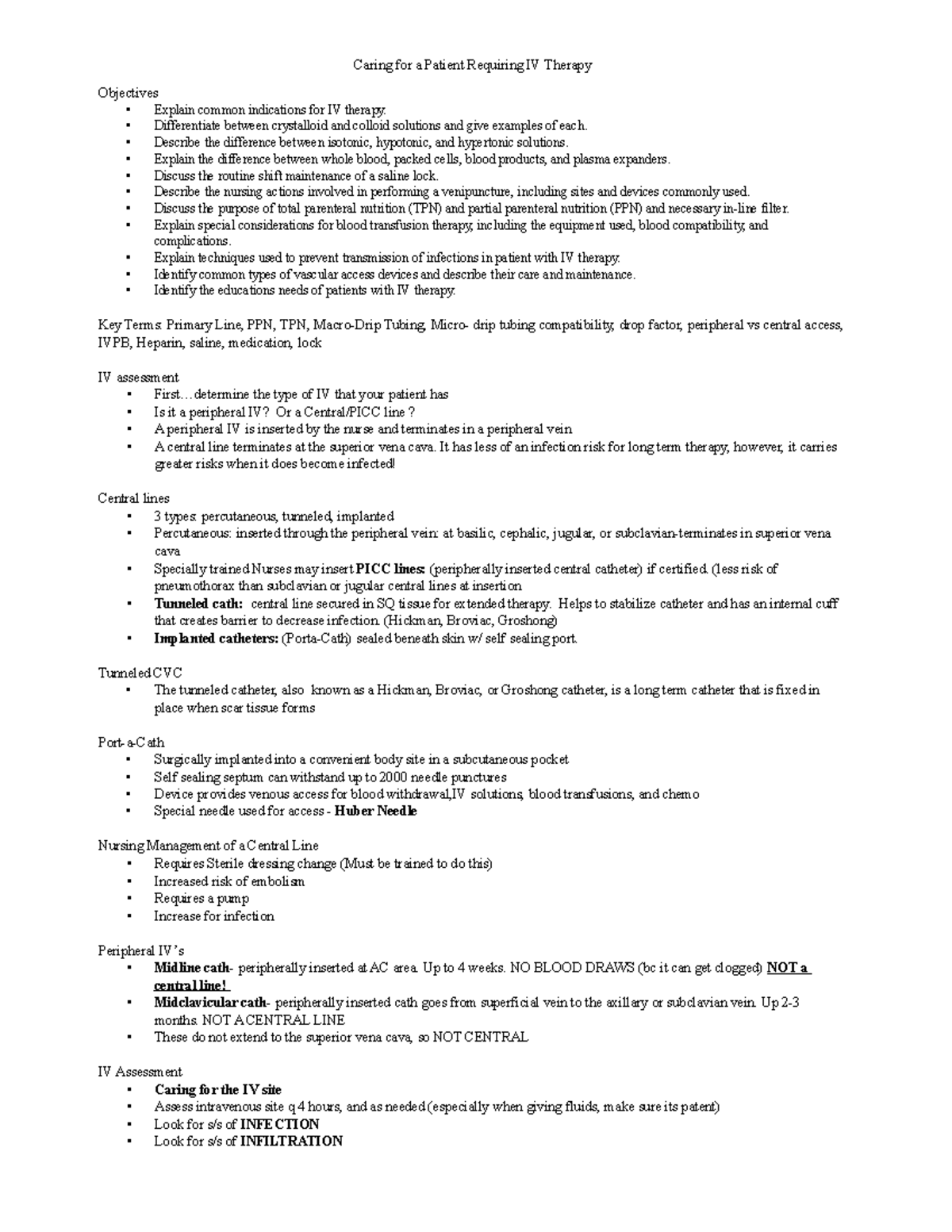 IV therapy outline - ... - Caring for a Patient Requiring IV Therapy ...