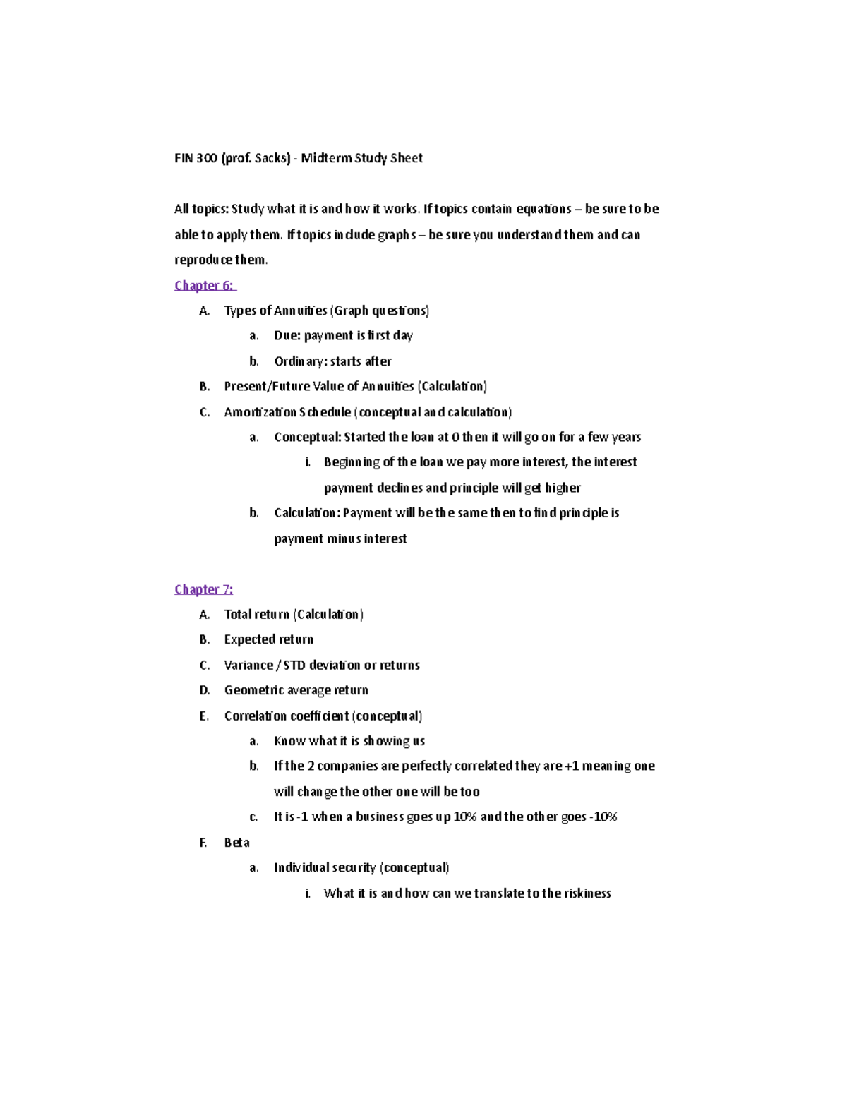 Study Guide Mid 2 - FIN 300 (prof. Sacks) - Midterm Study Sheet All ...