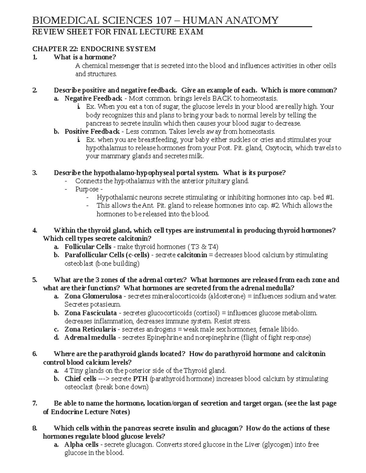 Study Guide 4 - BIOMEDICAL SCIENCES 107 – HUMAN ANATOMY REVIEW SHEET ...