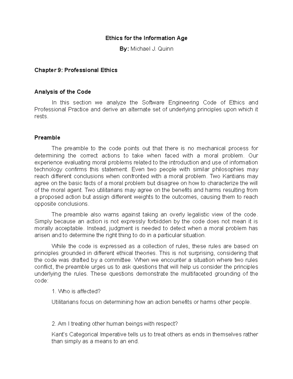 Chapter 9 Professional Ethics Analysis of the Code - Ethics for the ...
