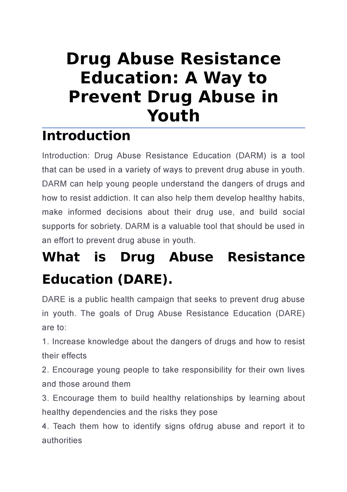 Drug Abuse Resistance Education A Way to Prevent Drug Abuse in Youth