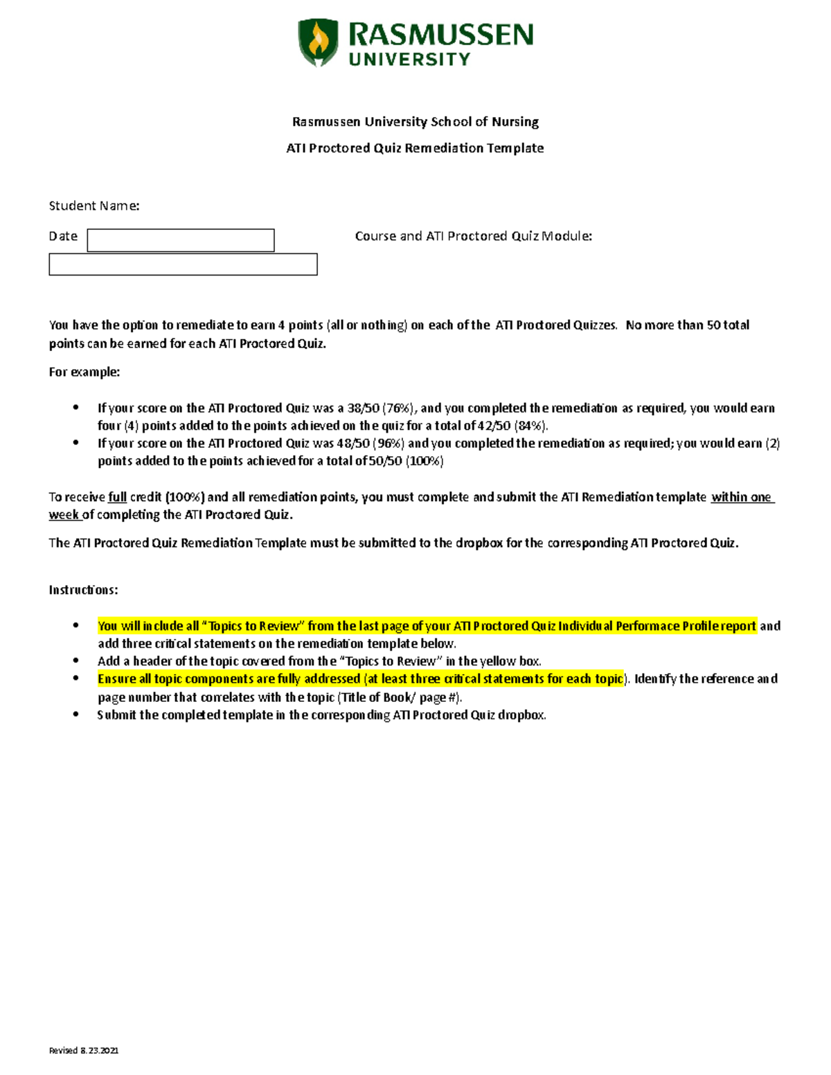 ATI Proctored Quiz Remediation Template - Rasmussen University School ...
