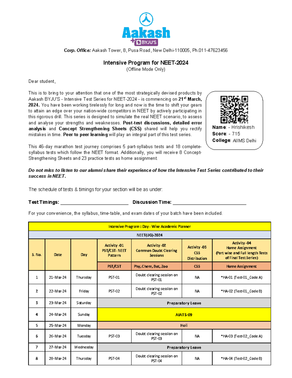 Intensive TEST Series-2024 - Corp. Office: Aakash Tower, 8, Pusa Road ...