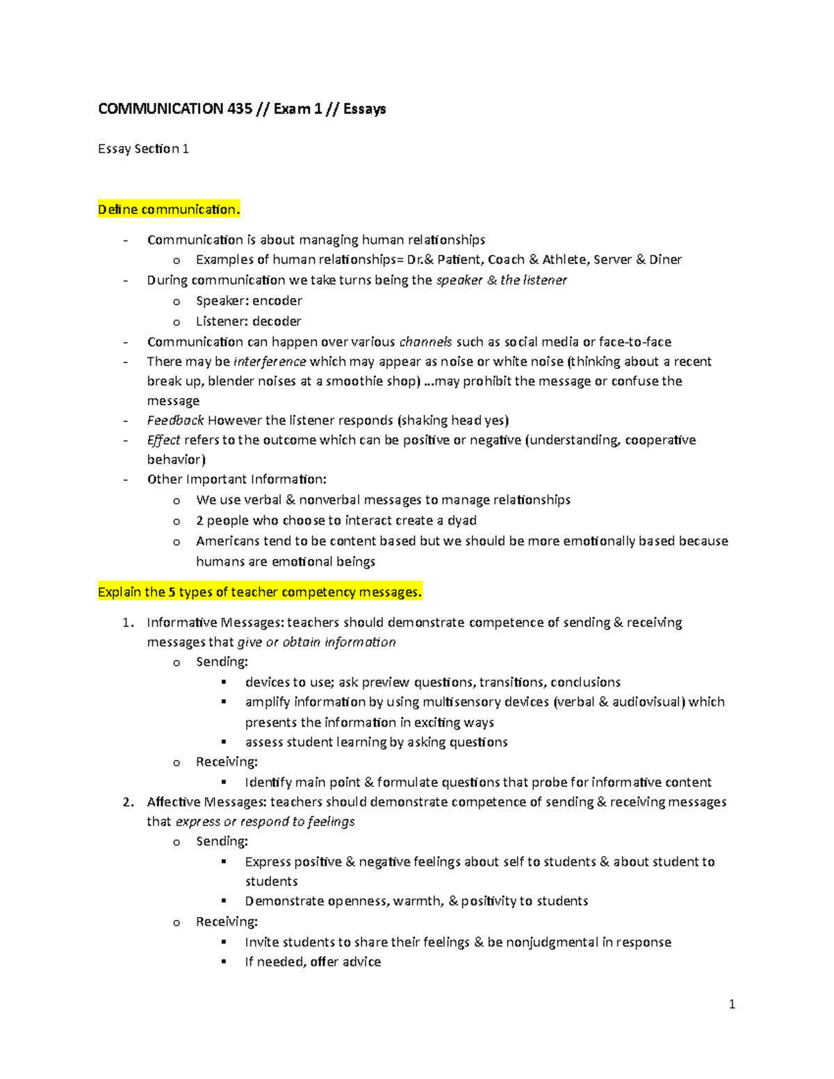 Study guide exam 1-essays - COMMUNICATION 435 // Exam 1 // Essays Essay ...