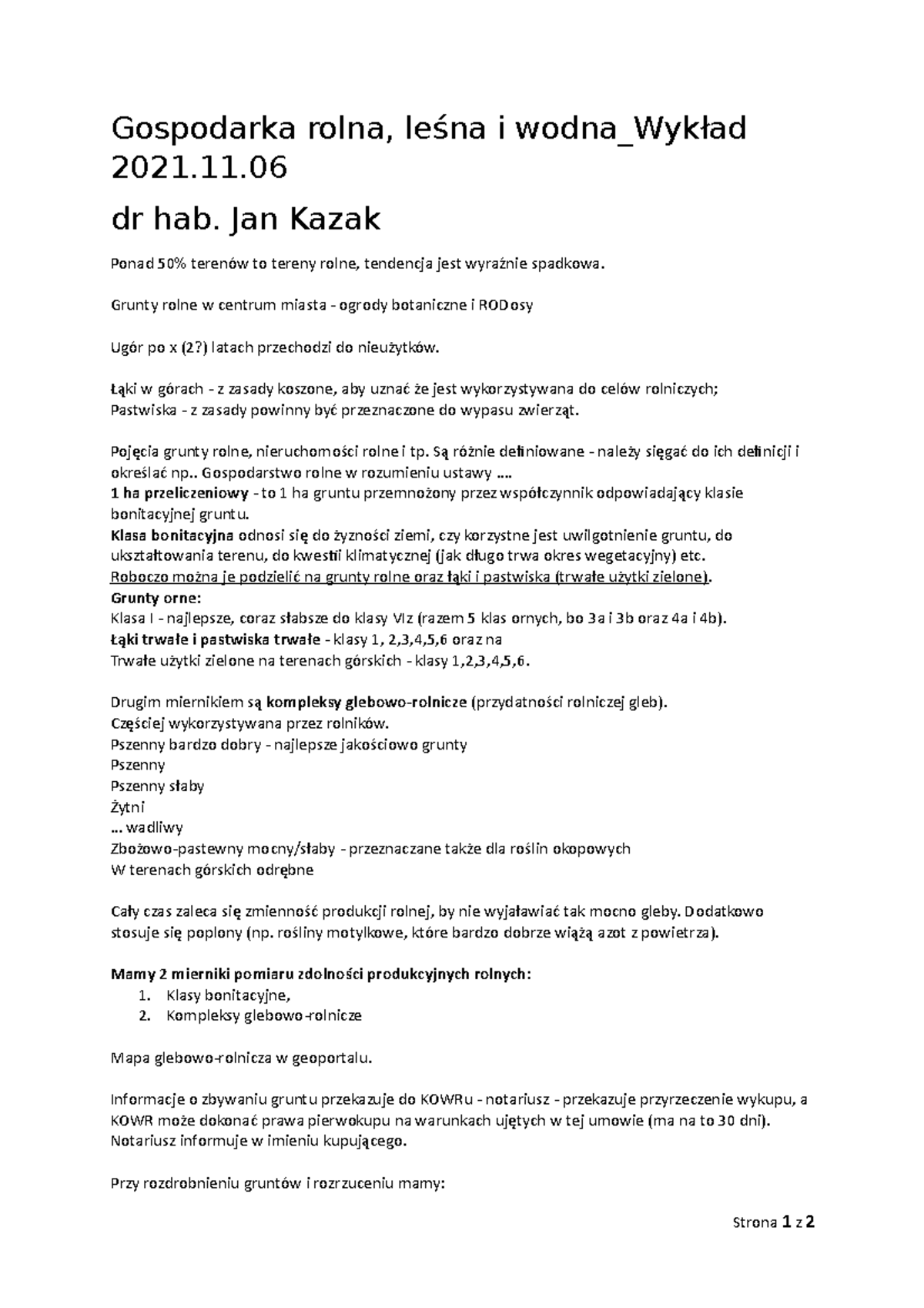 Gospodarka rolna, leśna i wodna Wykład 2021 - dr hab. Jan Kazak Ponad