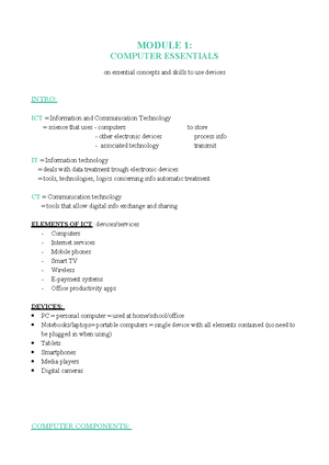 1. Computer Essentials - Introductions: This module sets out essential ...