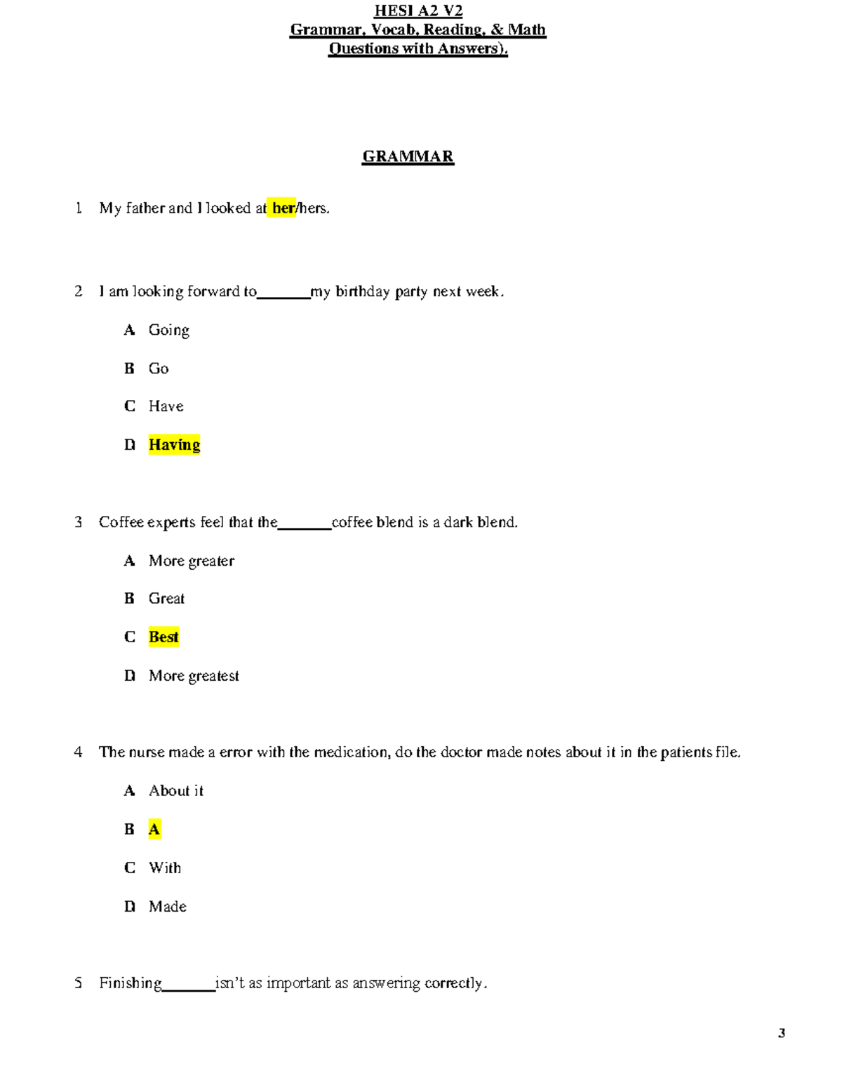 Hesi a2 v2 grammar vocab reading math questions with answers Grammar