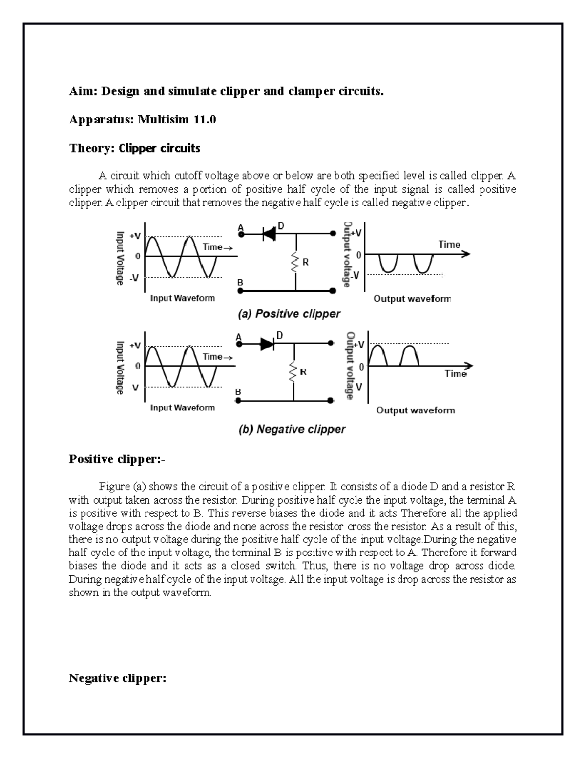 Experiment of Design and Simulate Clipper and Clamper circuits Aim