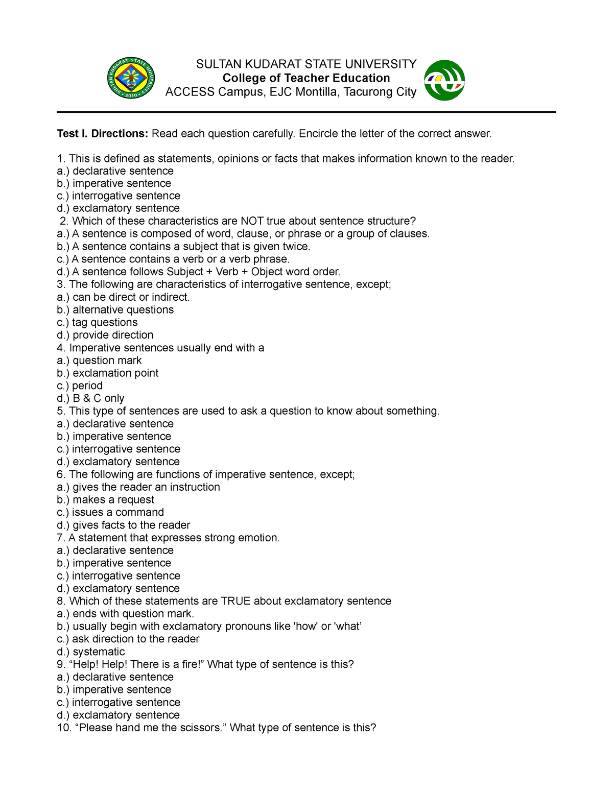 Multiple- Choice - For Summative Test - College Of Teacher Education ...