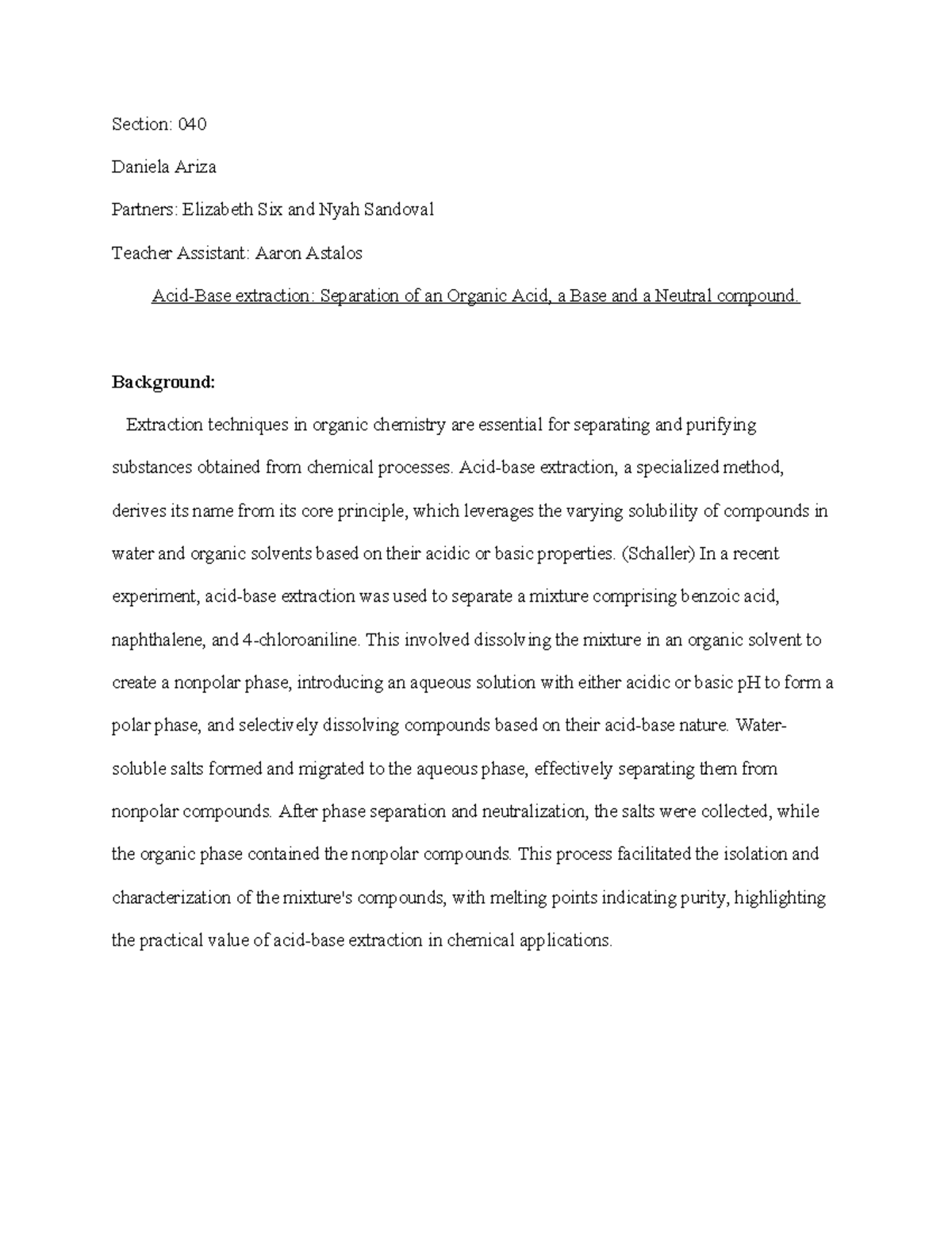 Acid Base lab report Section 040 Daniela Ariza Partners Elizabeth