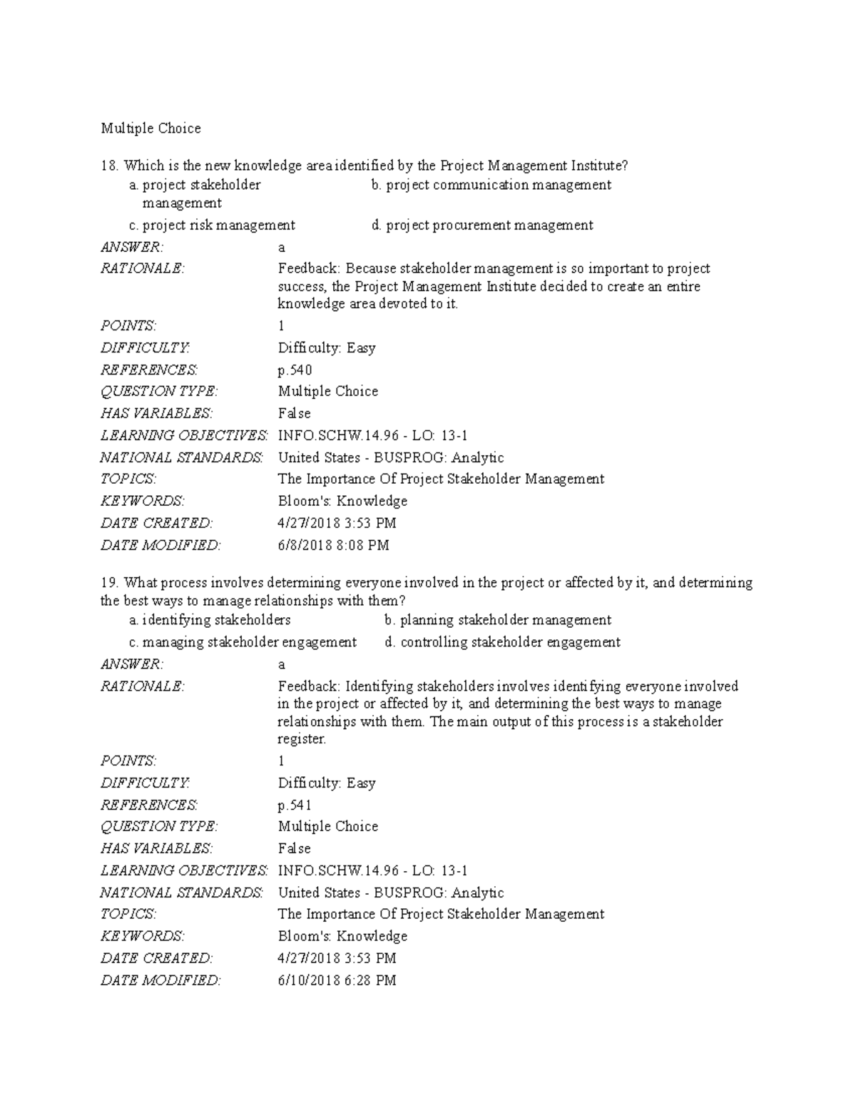 Chapter 13 Project Stakeholder Management MCQ Multiple Choice Which Is The New Knowledge Area 