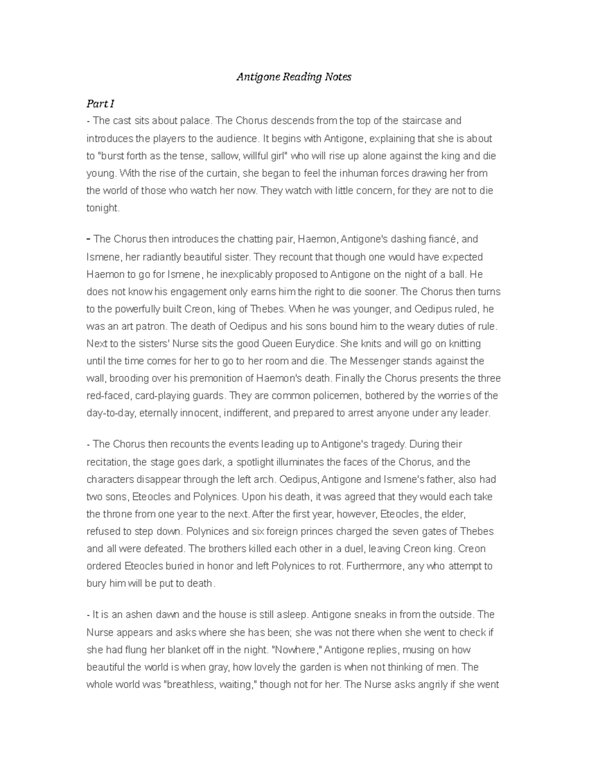 Antigone Reading Notes The Chorus descends from the top of the