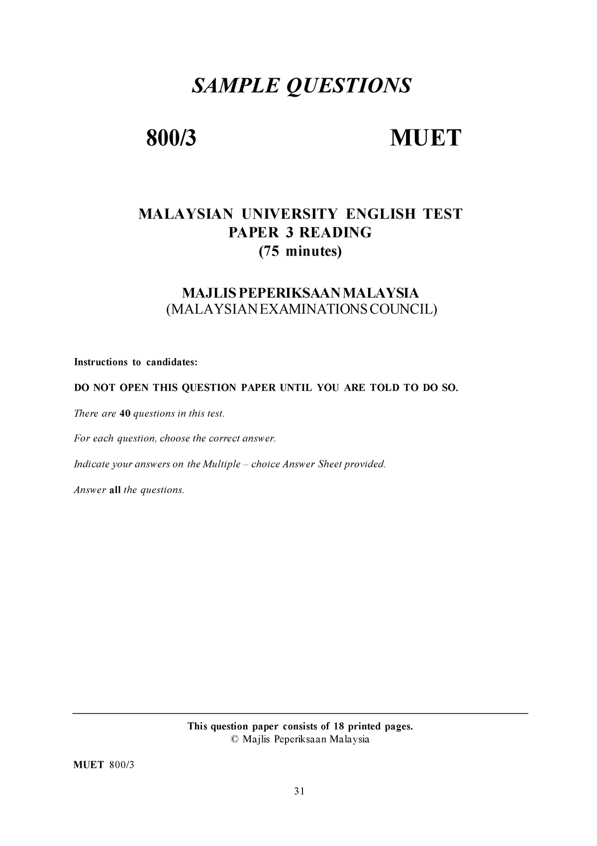 MUET Reading MPM - muet - MUET 800/ 3 SAMPLE QUESTIONS 800/3 MUET