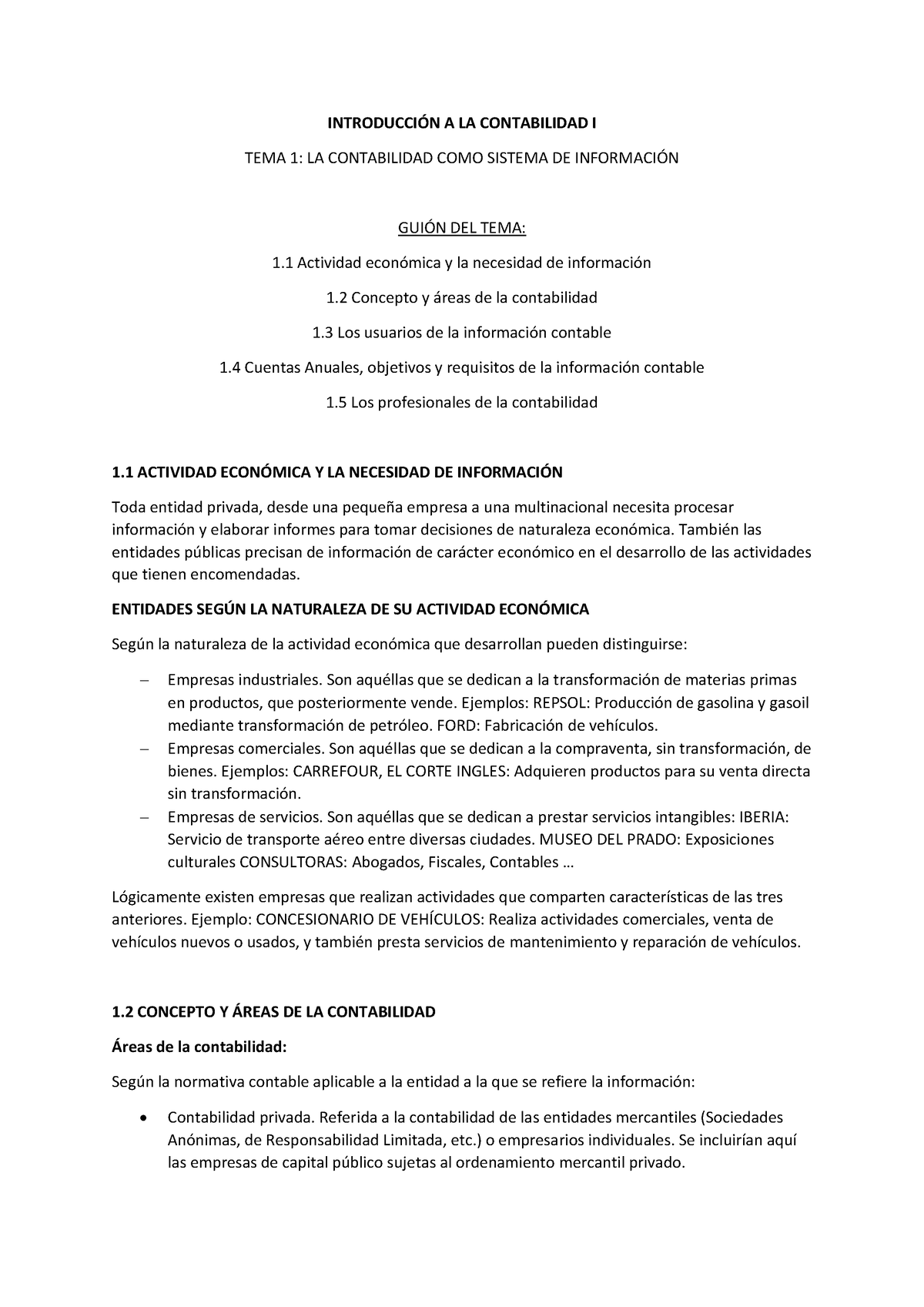 Resumen Tema 1 - Contabilidad - INTRODUCCIÓN A LA CONTABILIDAD I TEMA 1 ...