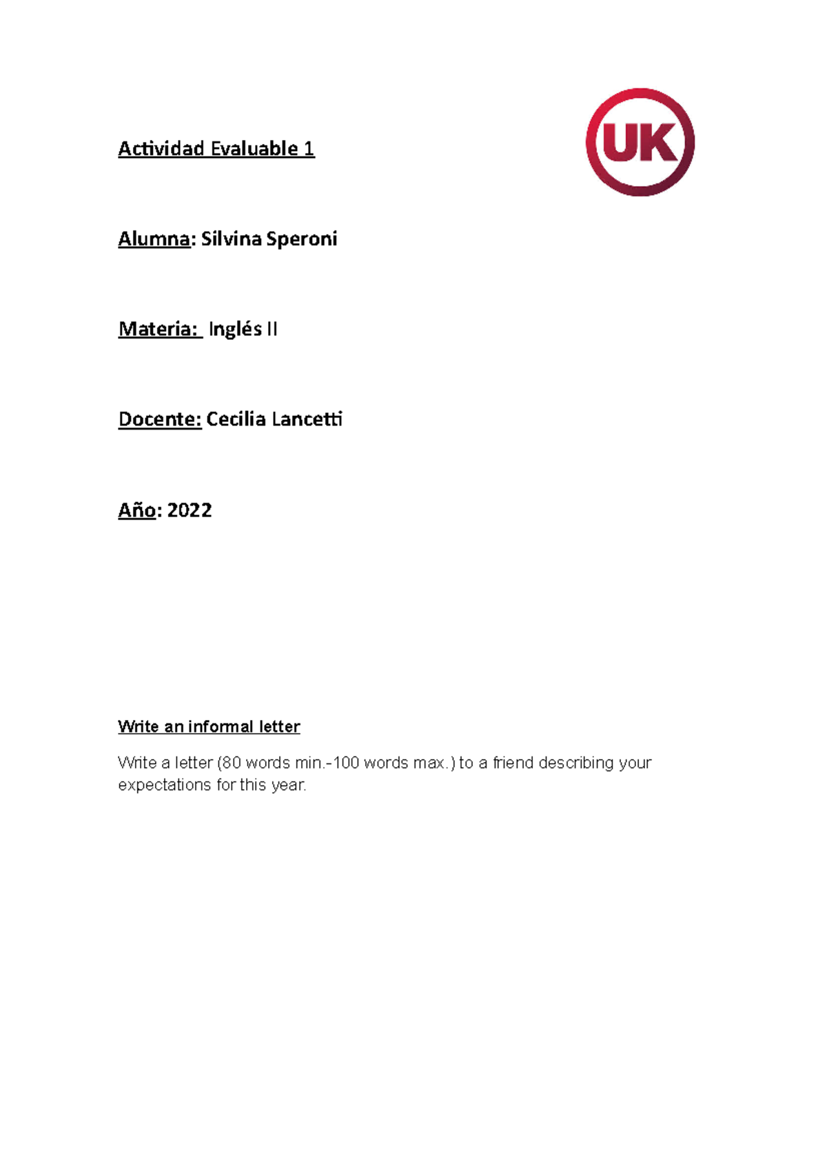Actividad Evaluable 1 Ingles II - Actividad Evaluable 1 Alumna: Silvina ...