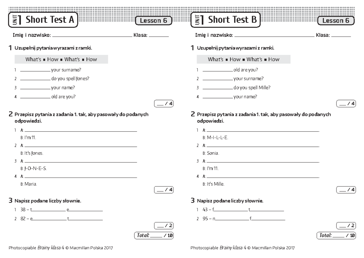 Brainy Klasa 4 Zeszyt ćwiczeń Brainy kl4 Short Tests Unit 1 Lesson 6 - Photocopiable Brainy klasa 4