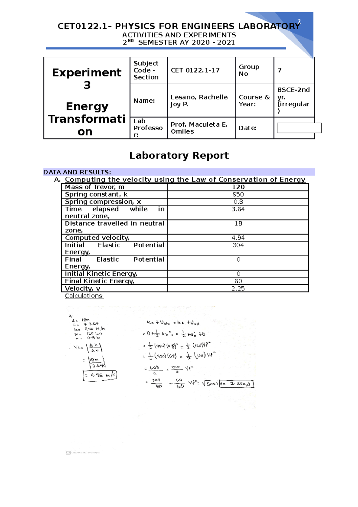 lab report physics matriculation experiment 3 energy pdf