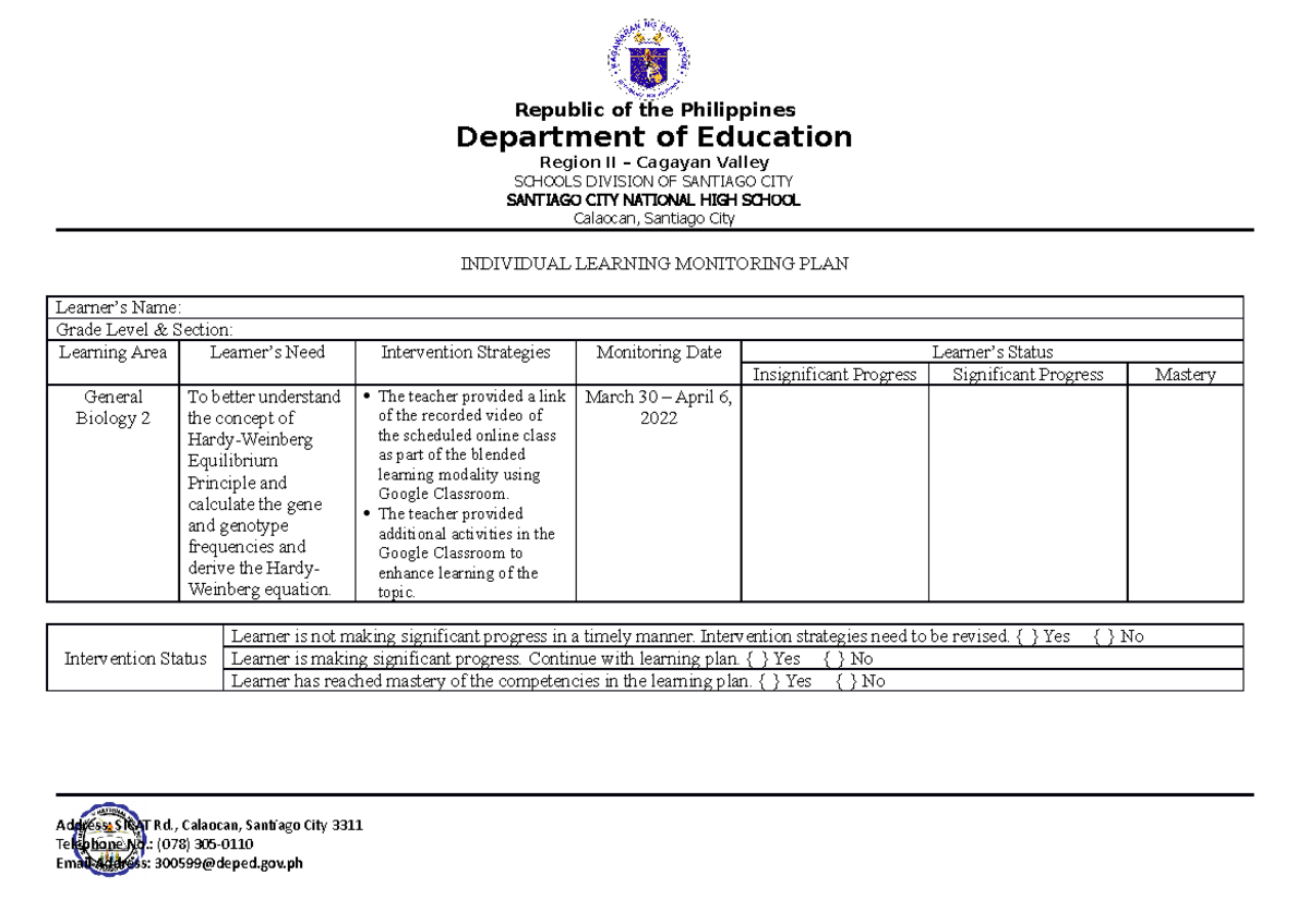 Individual Learning Monitoring PLAN - Republic of the Philippines ...