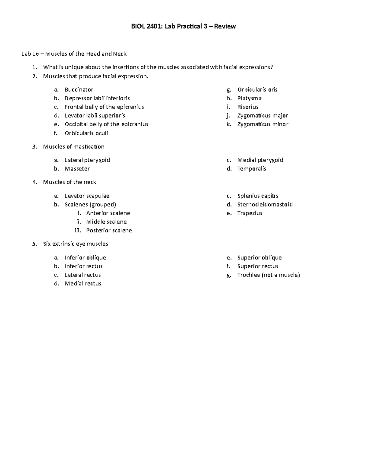 BIOL 2401 - Lab practical 3 - review S20 - BIOL 2401: Lab Pracical 3 ...