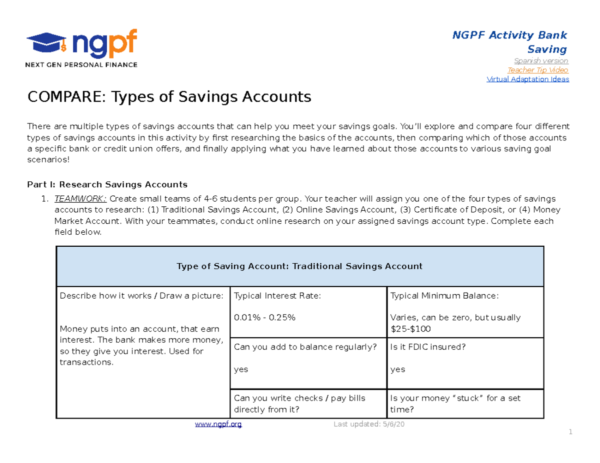 9 Compare Types Of Saving Accounts NGPF Activity Bank Saving Spanish 