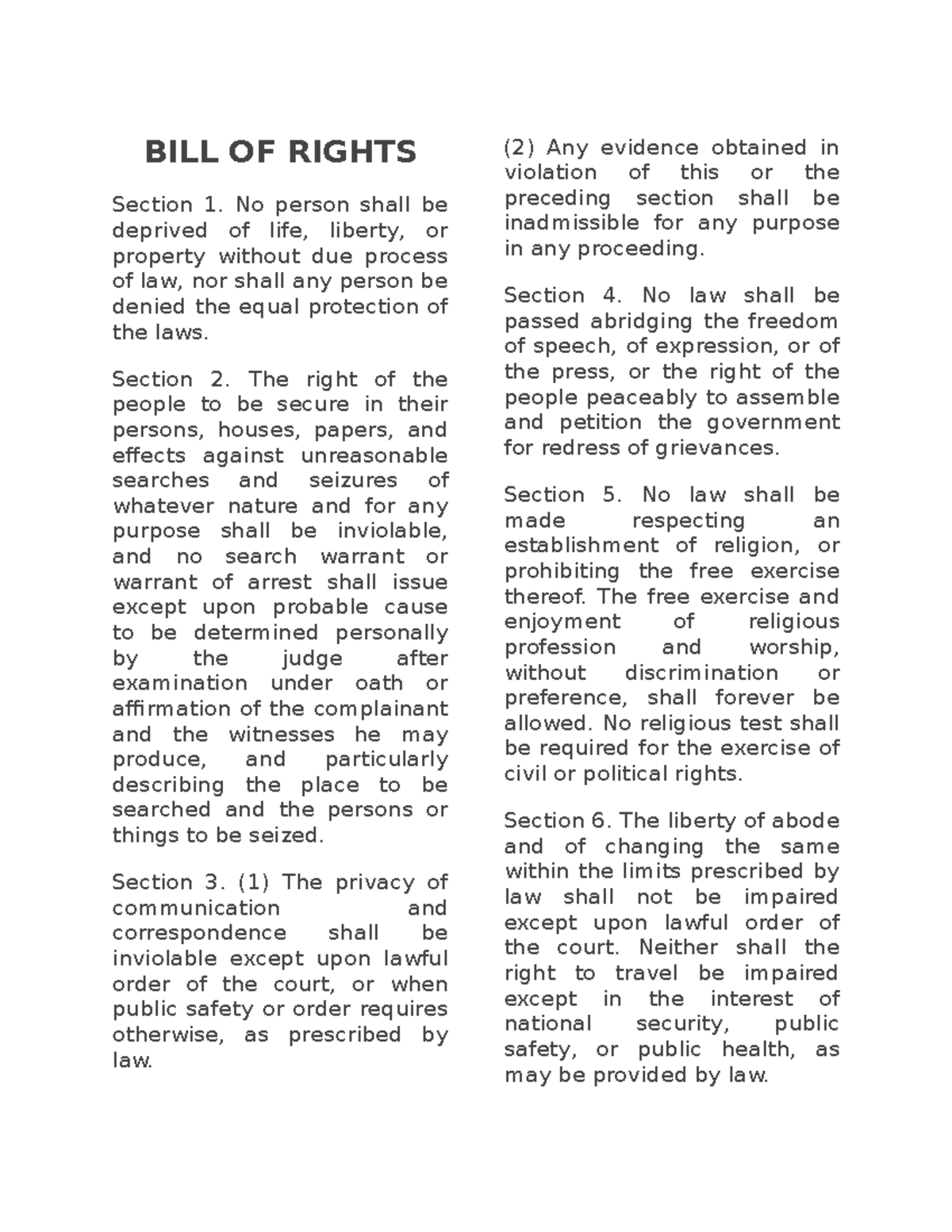 bill of rights philippines section 1 explanation