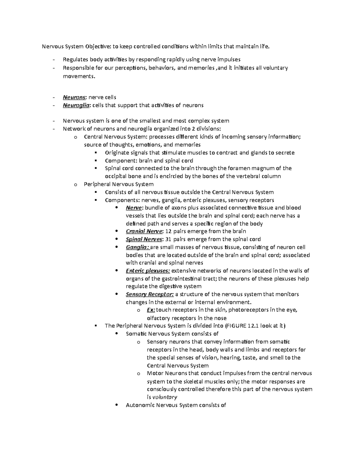 Chapter 12 textbook notes Nervous System - Nervous System Objective: to ...