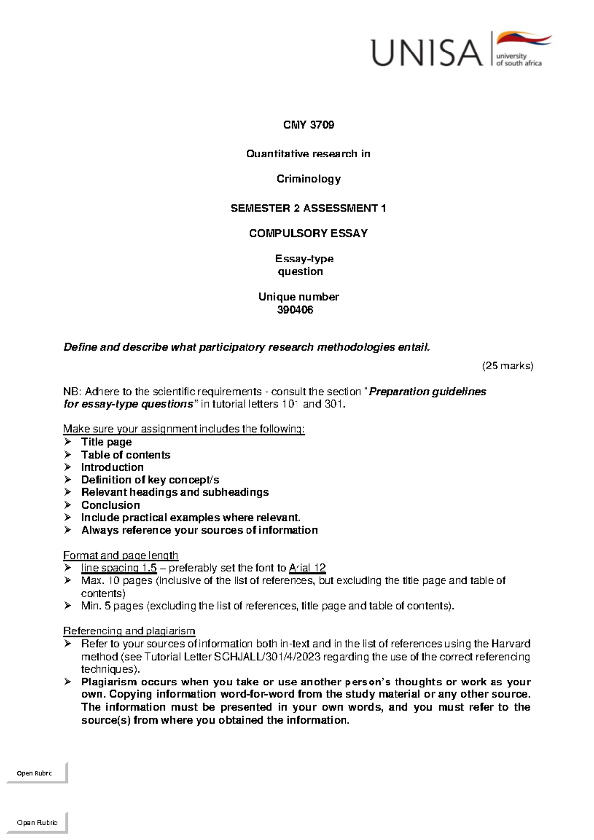 CMY 3709 SEM 2 Assessment 1 for 2024 CMY 3709 Quantitative research