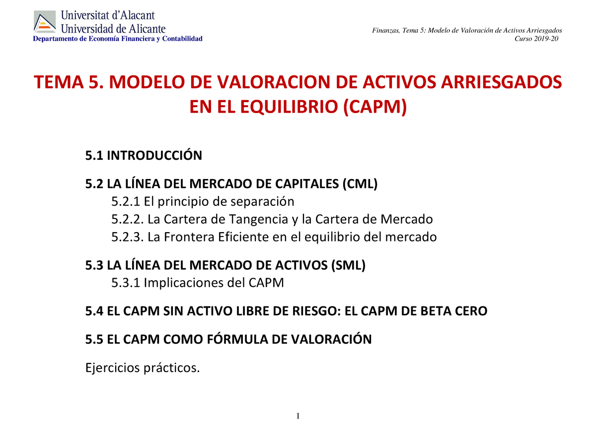 FIN Transp T 5 2019-20 - Apuntes Tema 5 - TEMA 5. MODELO DE VALORACION DE  ACTIVOS ARRIESGADOS EN EL - Studocu