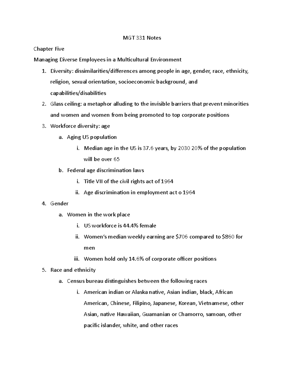 MGT 331 Notes - CH 5 - MGT 331 Notes Chapter Five Managing Diverse ...