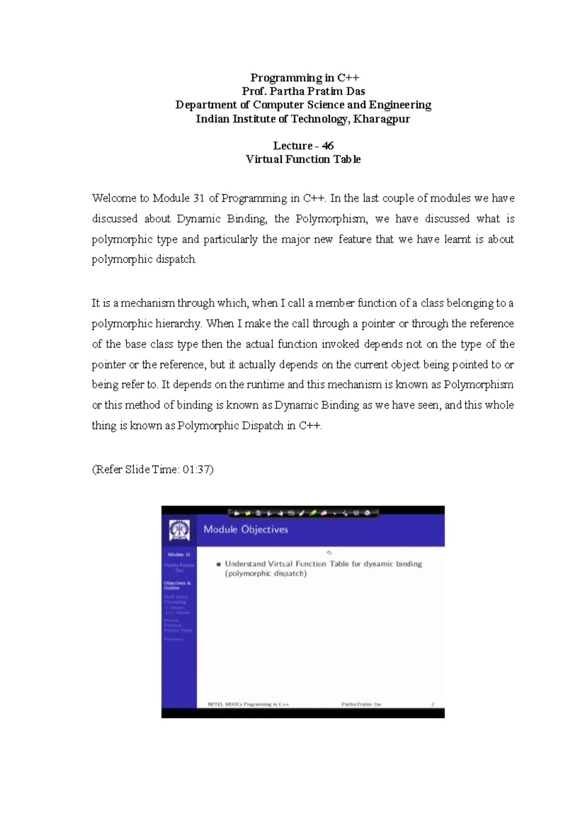 Lec 46 Module 31 Virtual Function Table (Lecture 46) - Programming in ...