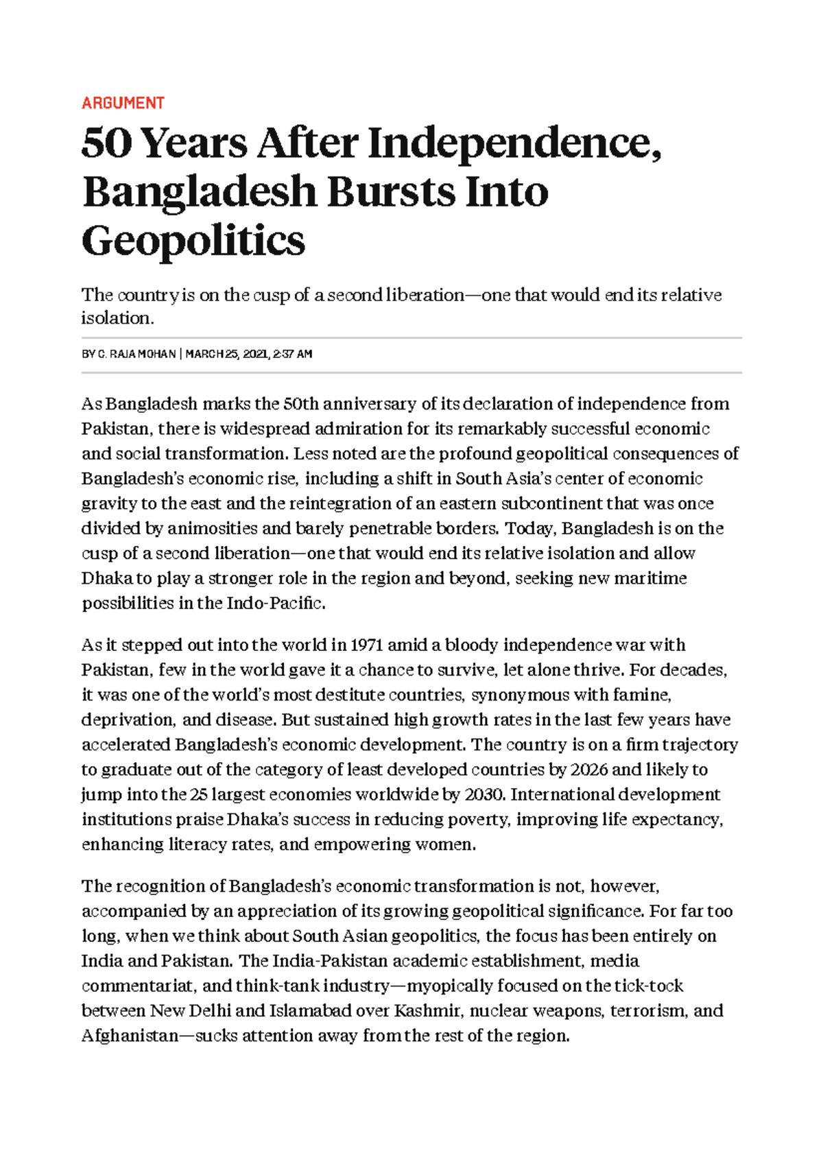 Bangladesh Bursts Into Geopolitics, 50 Years After Independence ...