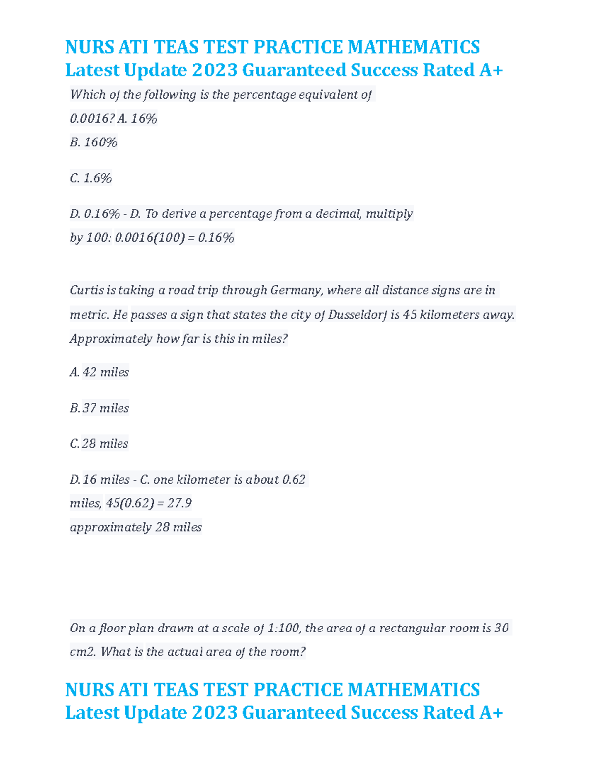 Ati teas test practice mathematics Latest Update 2023 Guaranteed