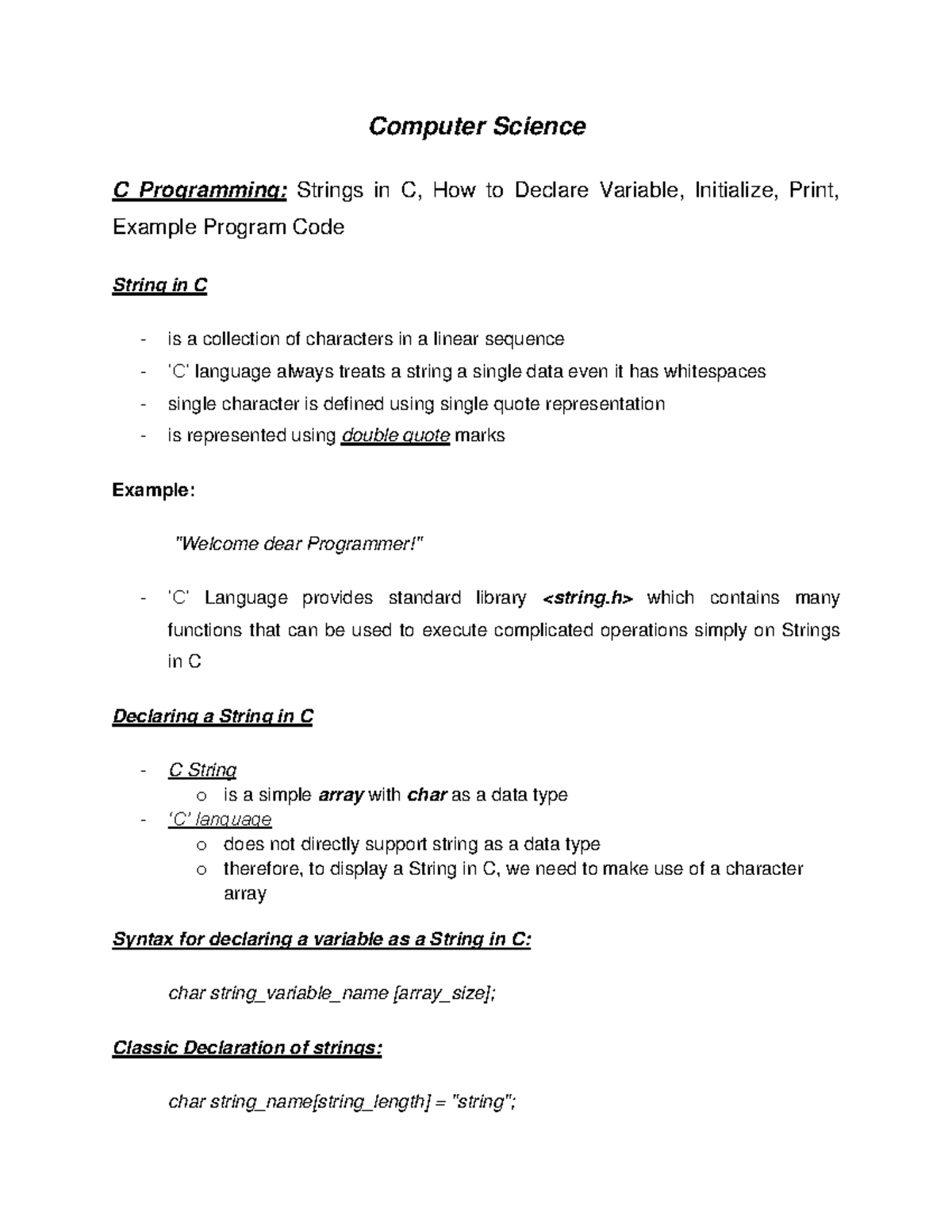 C Programming Strings in C, How to Declare Variable, Initialize, Print ...