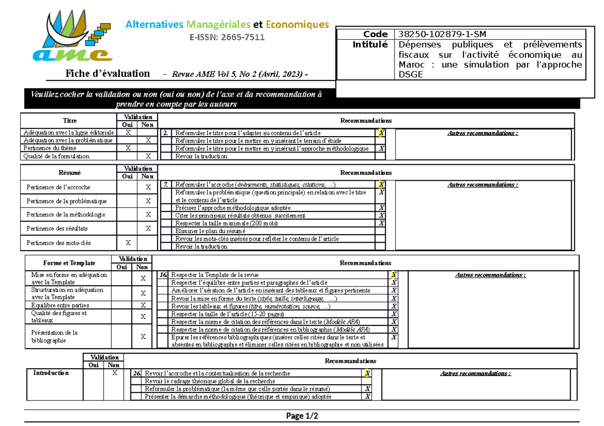 Fiche d'évaluation AMC - Fiche d’évaluation - Revue AME Vol 5, No 2