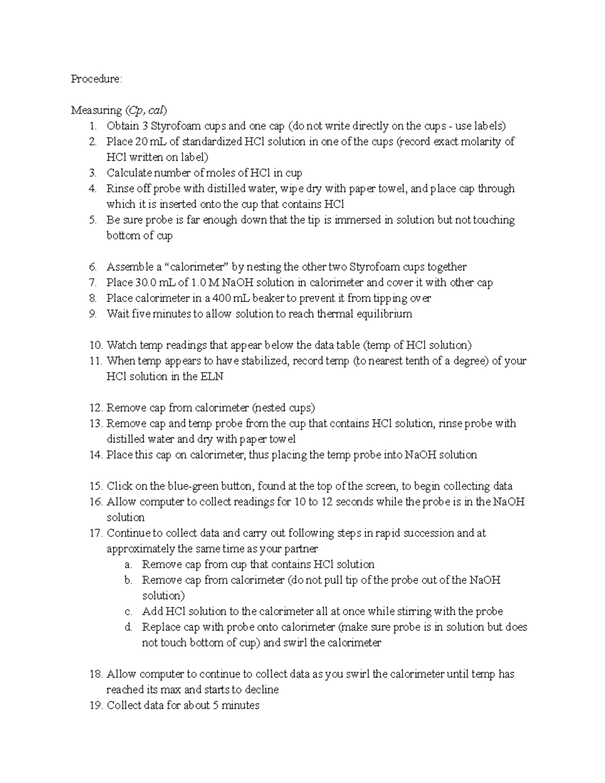 Exp 9 Pre Lab - Experiment 9 Pre Lab - Procedure: Measuring (Cp, Cal) 1 ...